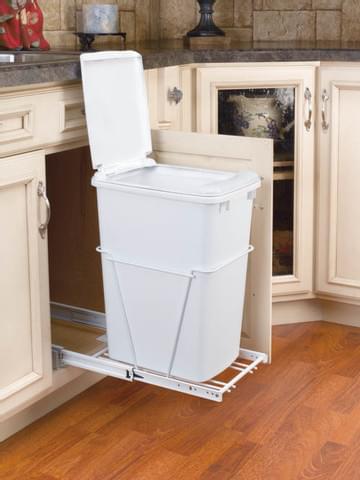 Rev-A-Shelf - 10-3/4" Single White 50qt Bottom Mount w/ Lid White Wire Waste Containers