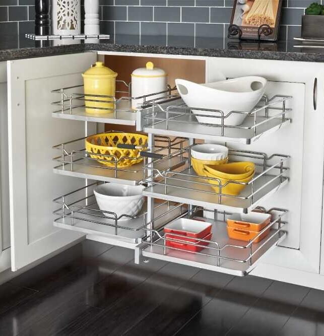 Rev-A-Shelf - 15" Gray Pullout Soft-Close Three-Tier Wire Solid Bottom Pull-Slide-Pull