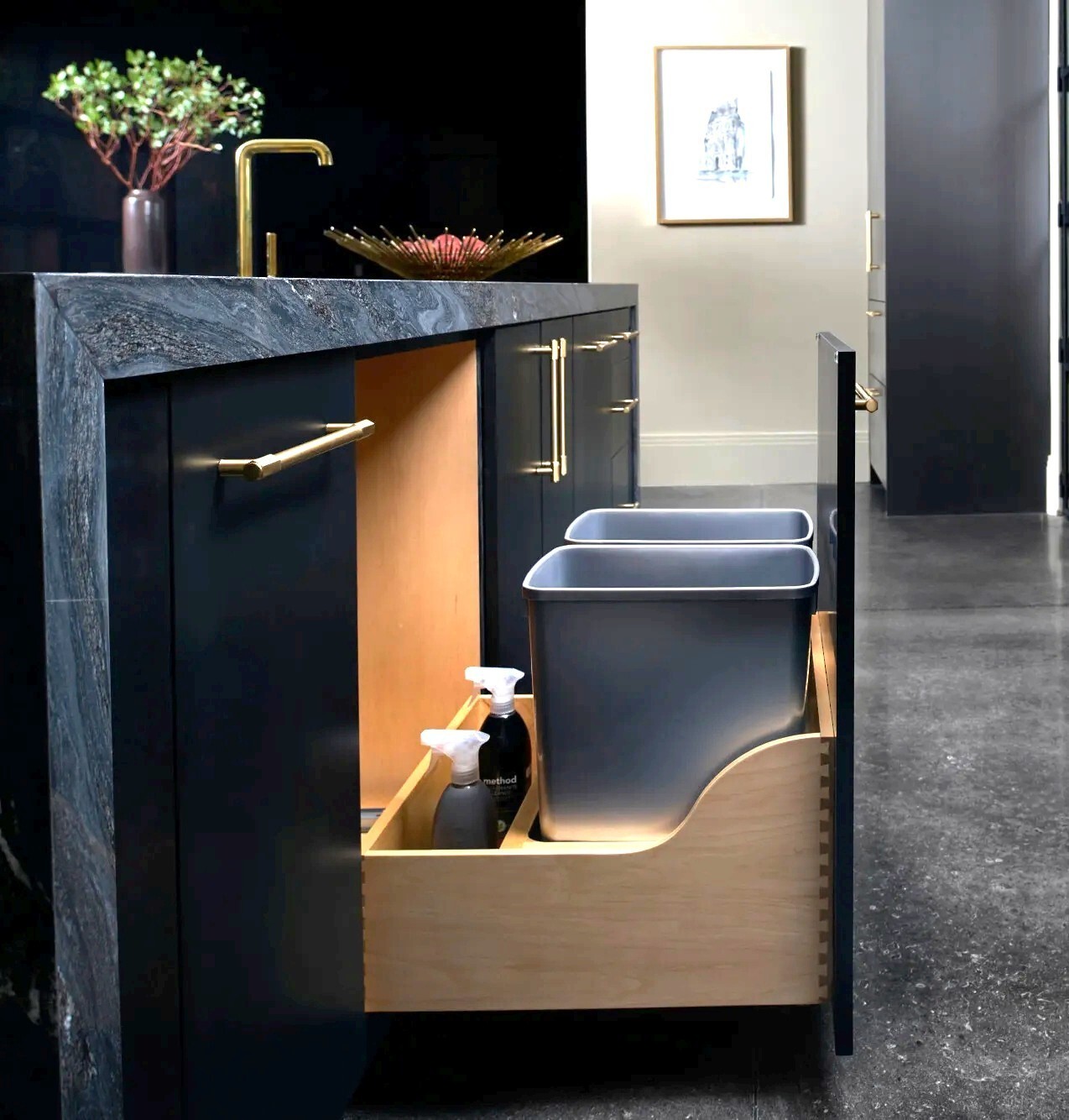 Double Metallic Silver 32 Qt. Maple Pullout Waste Container w/ Soft-Close and Lid for 24 inch Base Cabinets