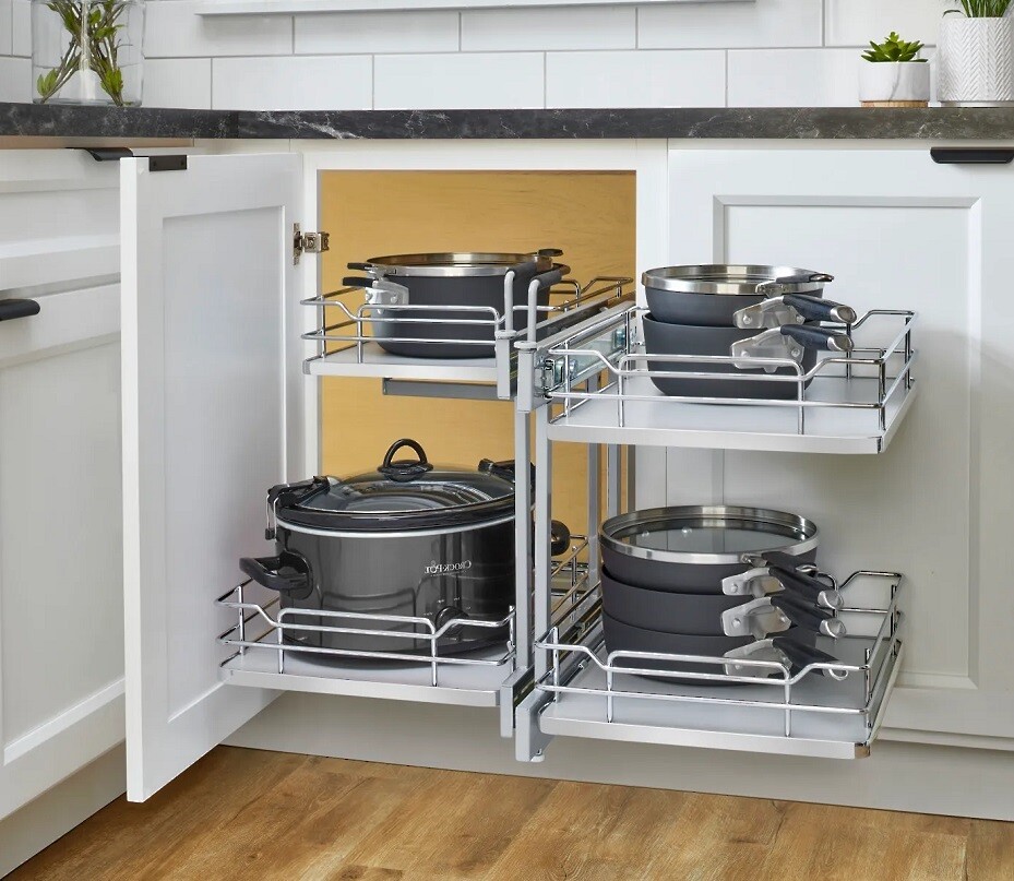 Rev-A-Shelf - 15" New Elite Gray Pullout Soft-Close Two-Tier Solid Bottom Pull-Slide-Pull