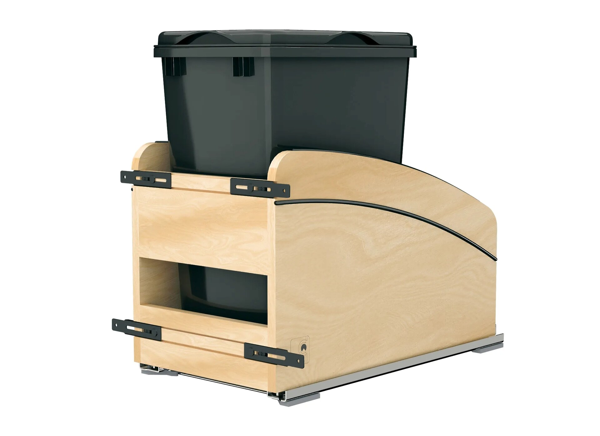 Single Black 35 Qt. Craftsman Collection Solid Maple Bottom Mount Pullout Waste Container w/ Black Accents, (1) Lid and BLUM Soft-Close Slides