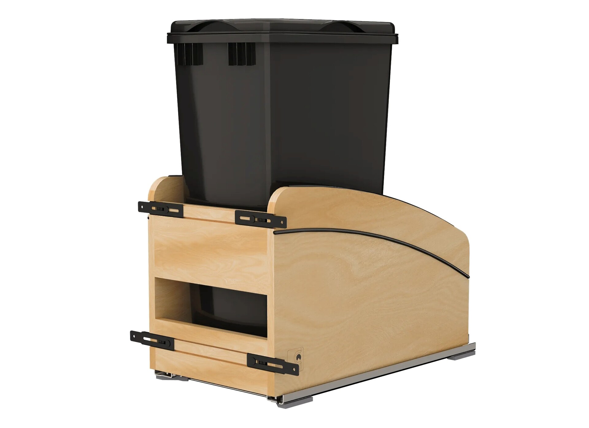 Single Black 50 Qt. Craftsman Collection Solid Maple Bottom Mount Pullout Waste Container w/ Black Accents, (1) Lid and BLUM Soft-Close Slides
